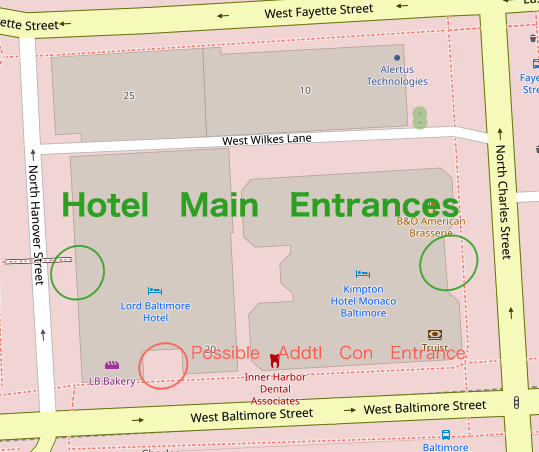 Map showing the main entrance to the Lord Baltimore hotel on North Hanover Street and the main entrance to the Hotel Monaco on North Charles street. It also shows a possible convention entrance to the Lord Baltimore Hotel on West Baltimore Street that has not been confirmed yet.